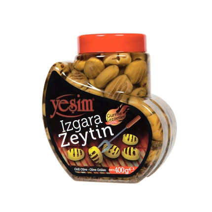 Baharatlarla ızgarada kızartılmış Gemlik zeytin, çekirdeksiz, "Yeşim", Izgara Zeytin, 400 gr., Türkiye, TR-0984